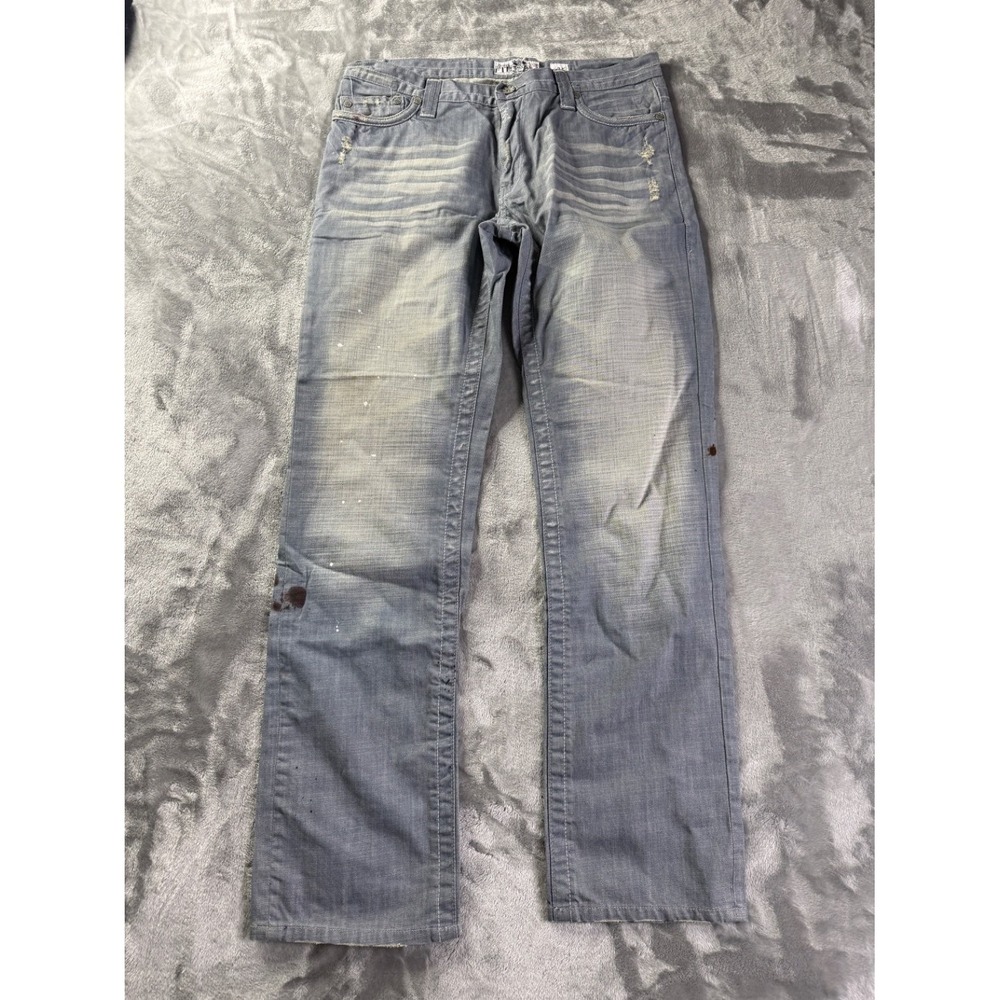 Akademiks LOT009 Mens Jeans 34 Blue Distressed Paint Splatter 2000s Used